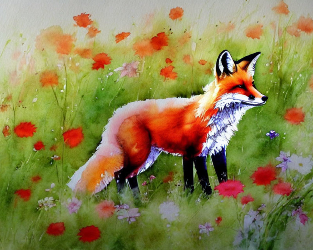 Vivid Watercolor Painting of Red Fox in Field of Flowers