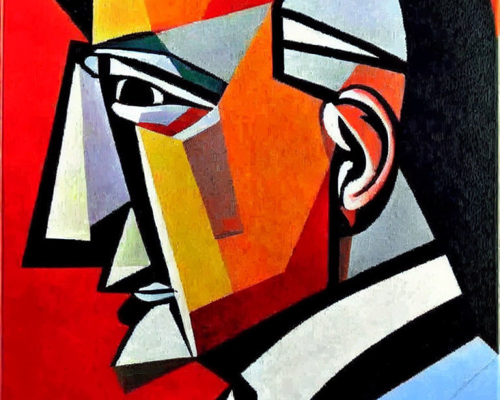 Colorful Cubist Portrait with Geometric Shapes in Red, Orange, Yellow, Black, and White