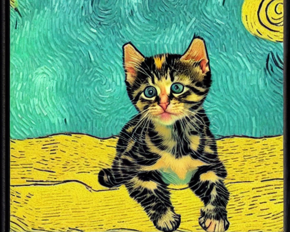 Stylized kitten with stripes and big eyes on Van Gogh-inspired background