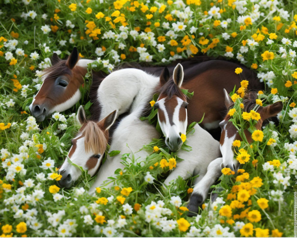 Three horses with unique coat colors in vibrant flower field