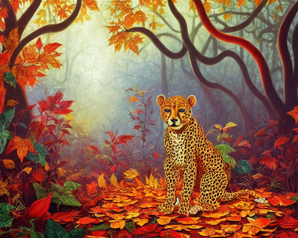 Tranquil leopard in vibrant autumn forest scene