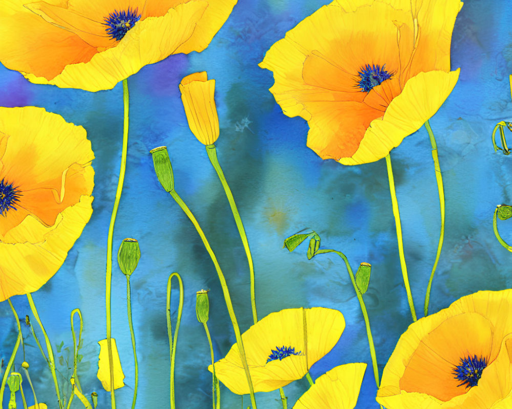 Vibrant Yellow Poppies on Textured Blue Background