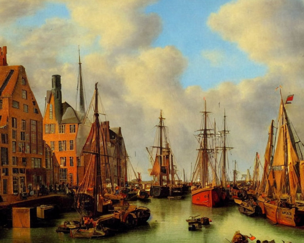 Detailed 17th-Century Harbor Scene with Ships, Boats, and Buildings