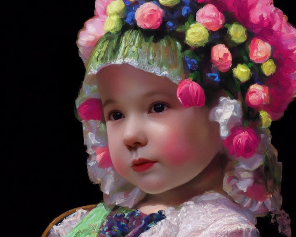 Rosy-cheeked child in colorful flower bonnet on black background