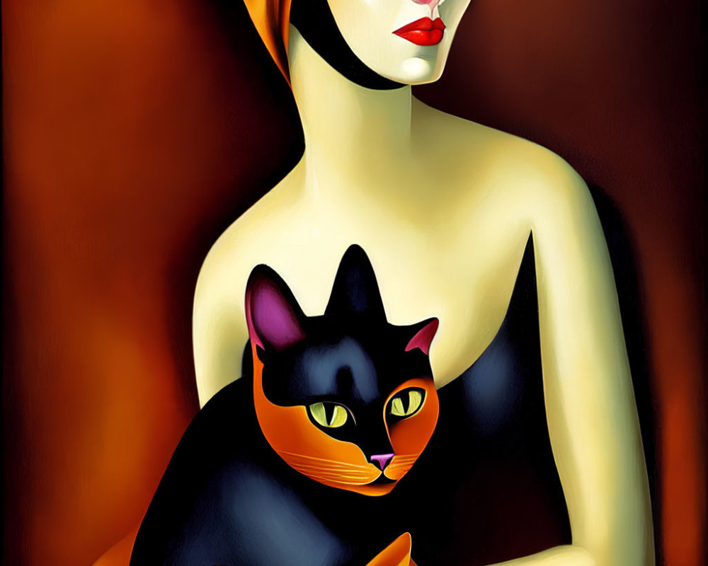 Woman with Red Lips Holding Cat on Warm Background