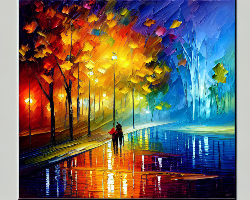 Vibrant painting of rain-soaked street with couple and umbrellas