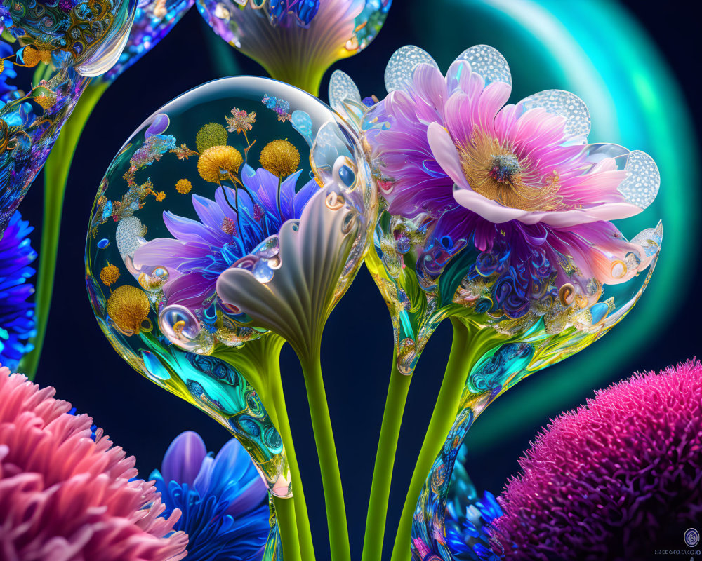 Colorful Fantasy Flower and Sphere Artwork on Dark Bokeh Background