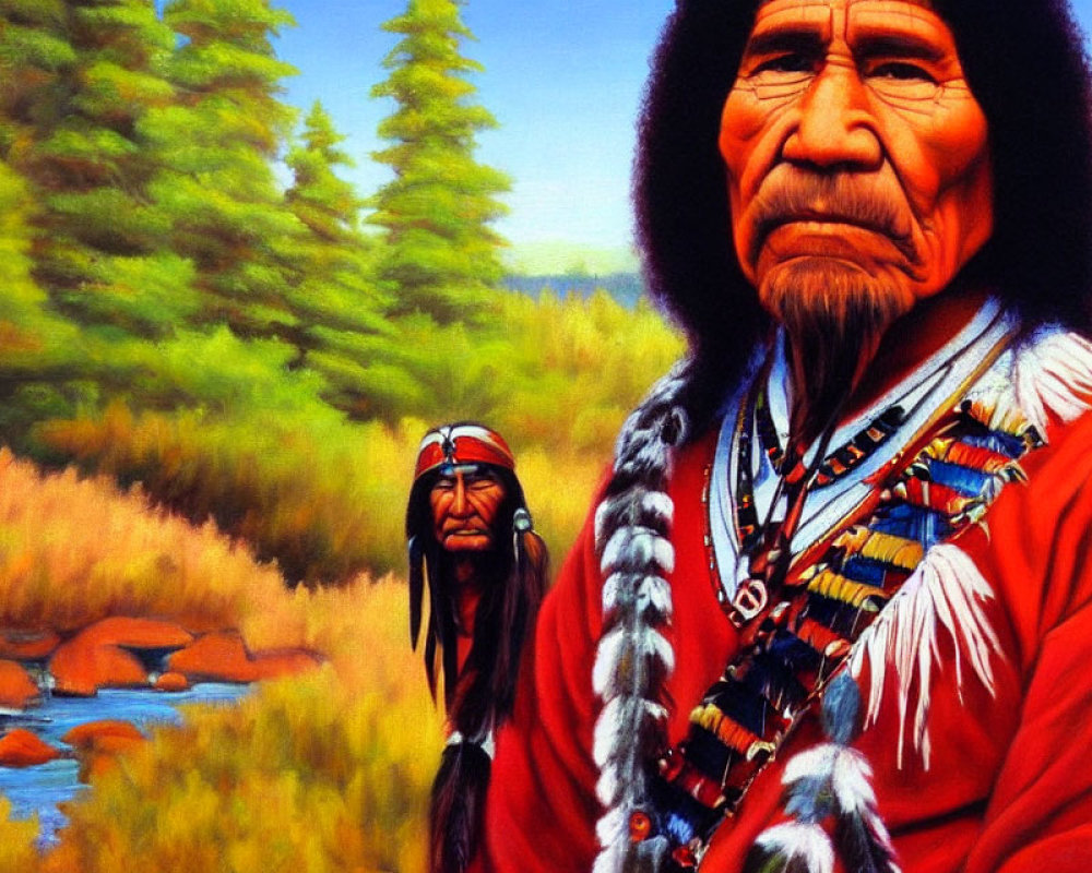 Traditional Native American individuals in vibrant landscape with trees and stream.