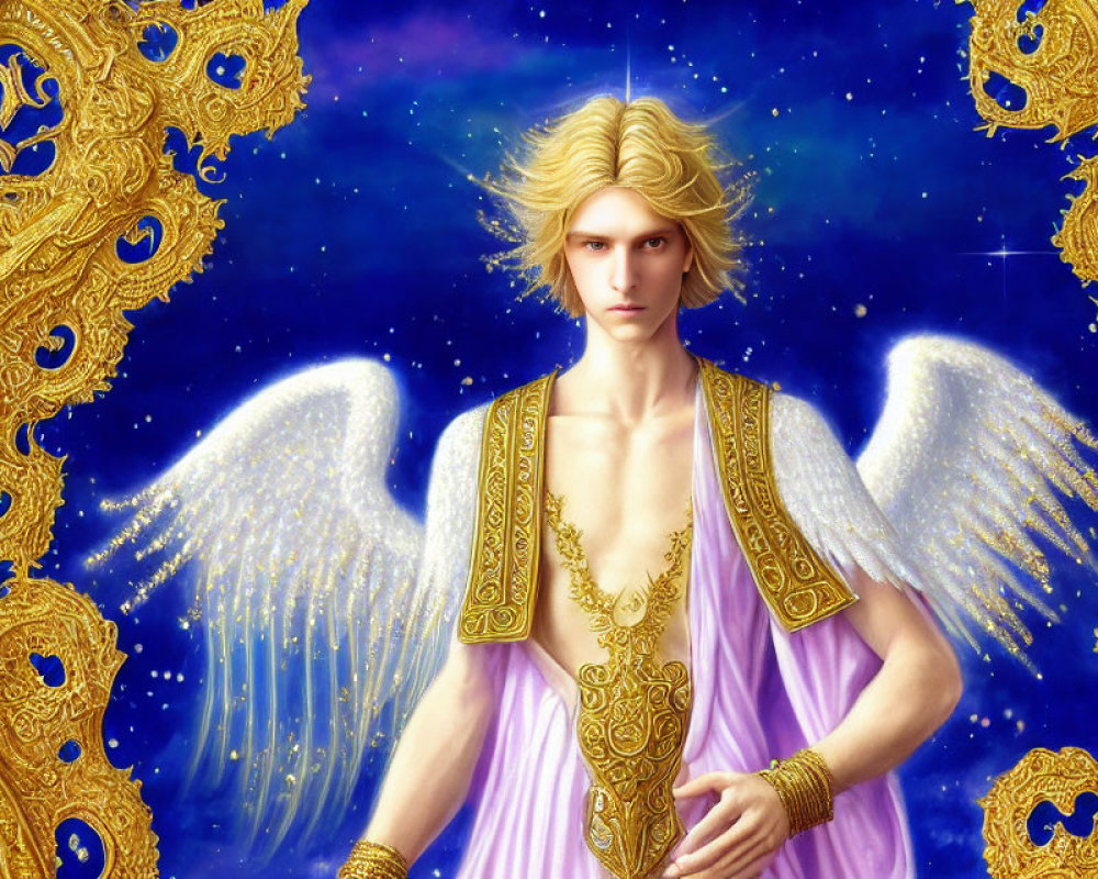 Golden-winged angel in purple robe against starry backdrop