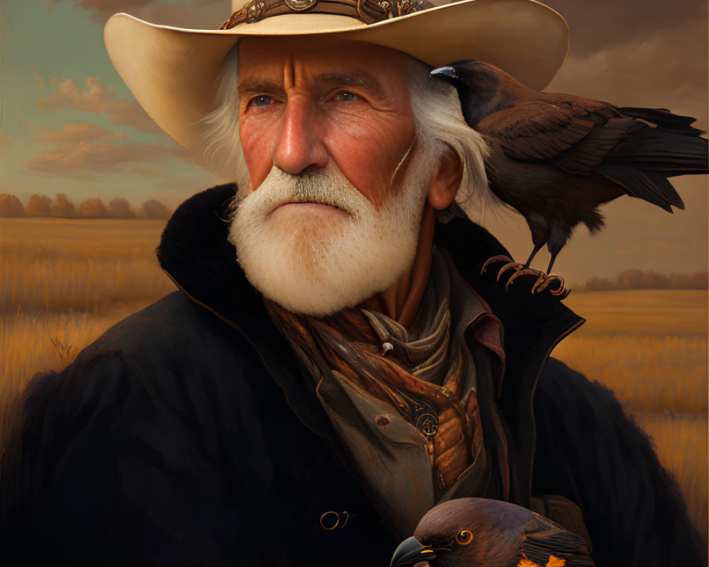 Elderly man with white beard in cowboy hat holding birds in field at dusk