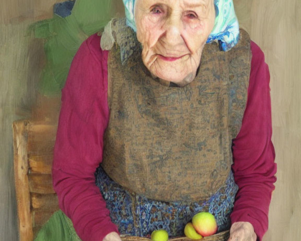 Elderly woman with headscarf holding colorful apples