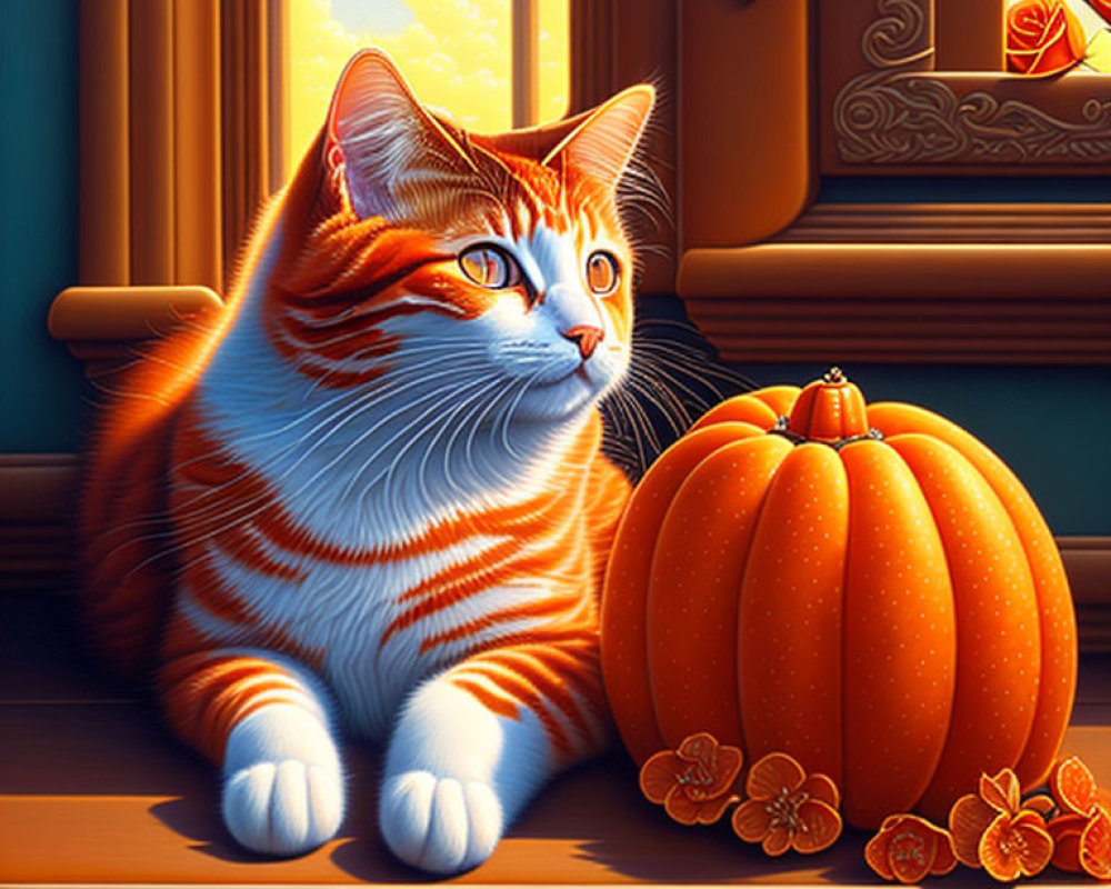 Orange Tabby Cat Sitting by Window with Pumpkin in Warm Sunlight