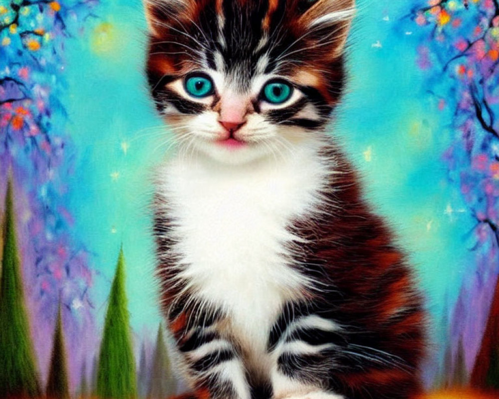 Colorful painting of wide-eyed kitten in whimsical garden