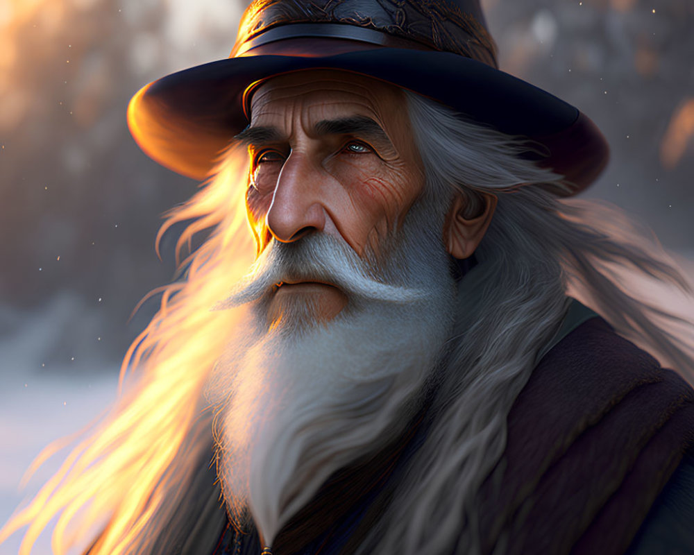 Elderly wizard with long white beard and blue hat gazes thoughtfully