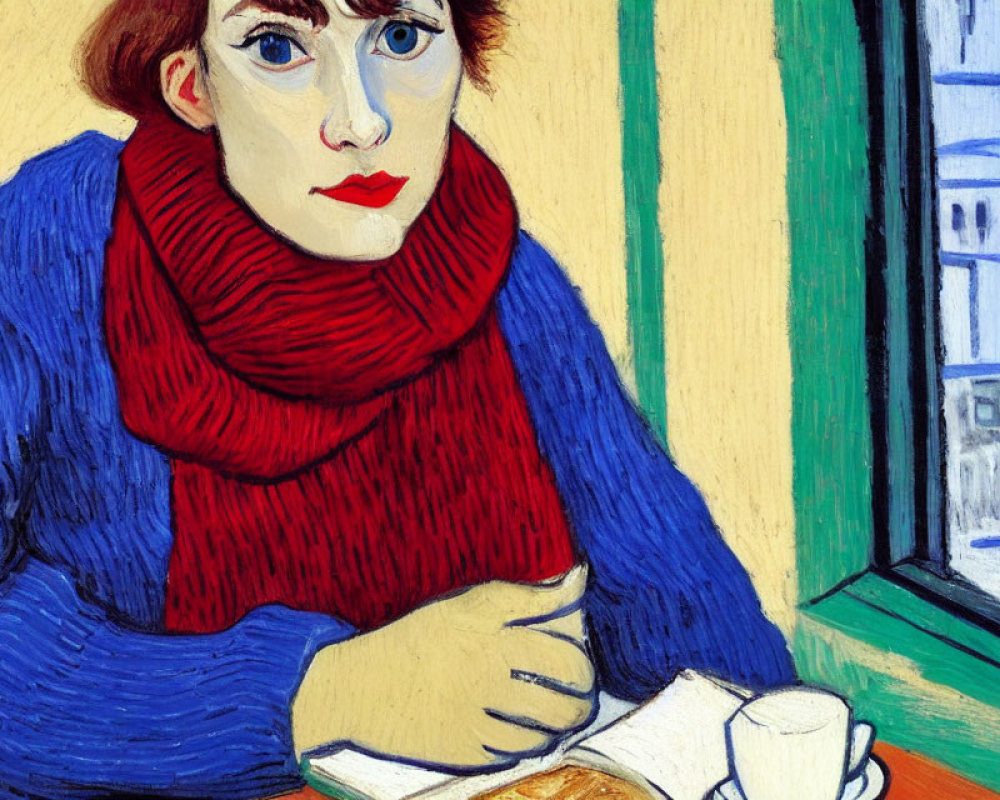 Close-up of painting: Woman with red hair, blue outfit, red scarf, by window