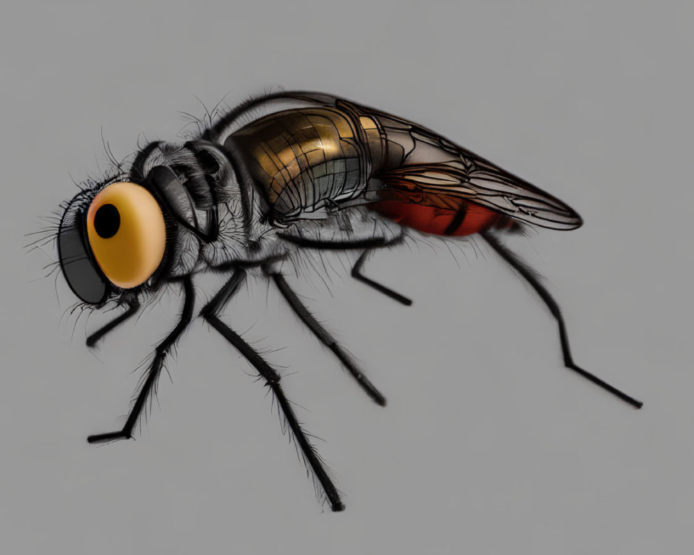 Detailed illustration of a housefly with large eyes, thin legs, and translucent wings