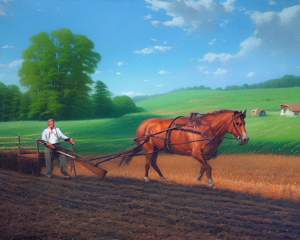 Rural scene: farmer plowing field with chestnut horse under clear sky