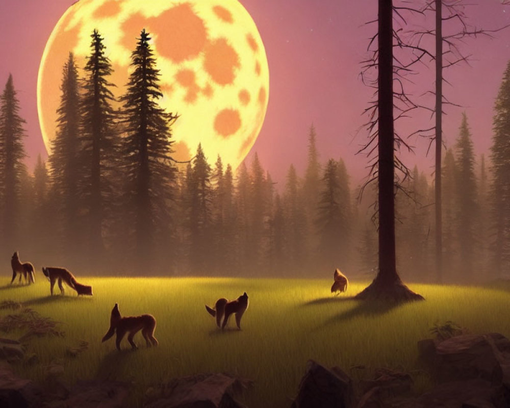 Mystical forest scene with wolves under giant yellow moon