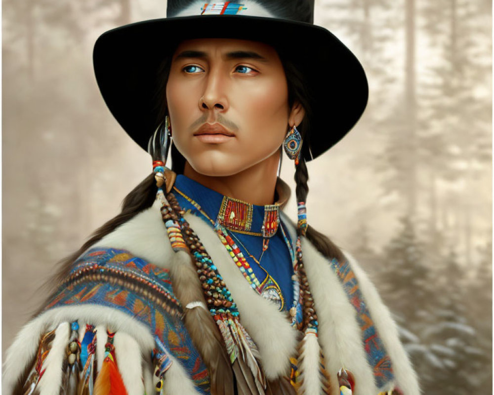 Traditional Native American Man Portrait in Black Hat and Beaded Jewelry