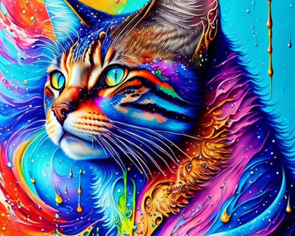 Colorful Cosmic Cat Painting with Dripping Details