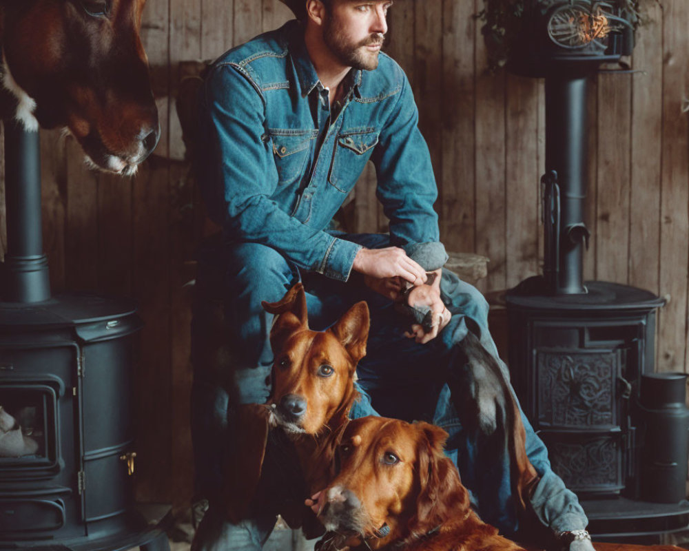 Cowboy in denim jacket with dogs and horse by wood stove