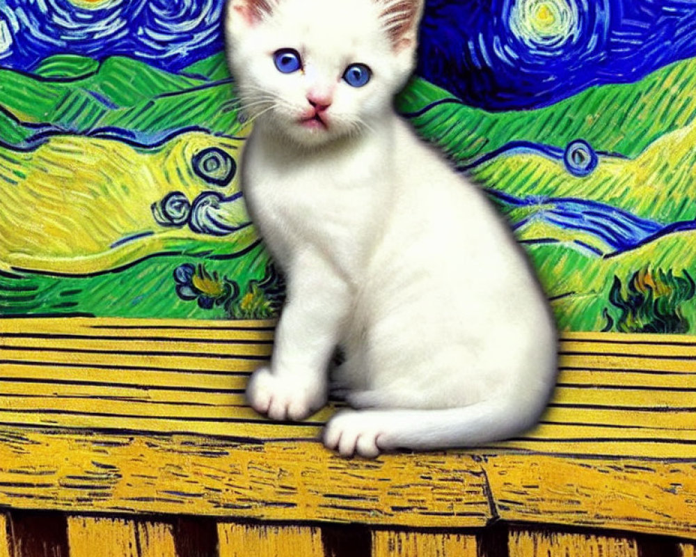 White Kitten with Blue Eyes in Front of "Starry Night" Painting