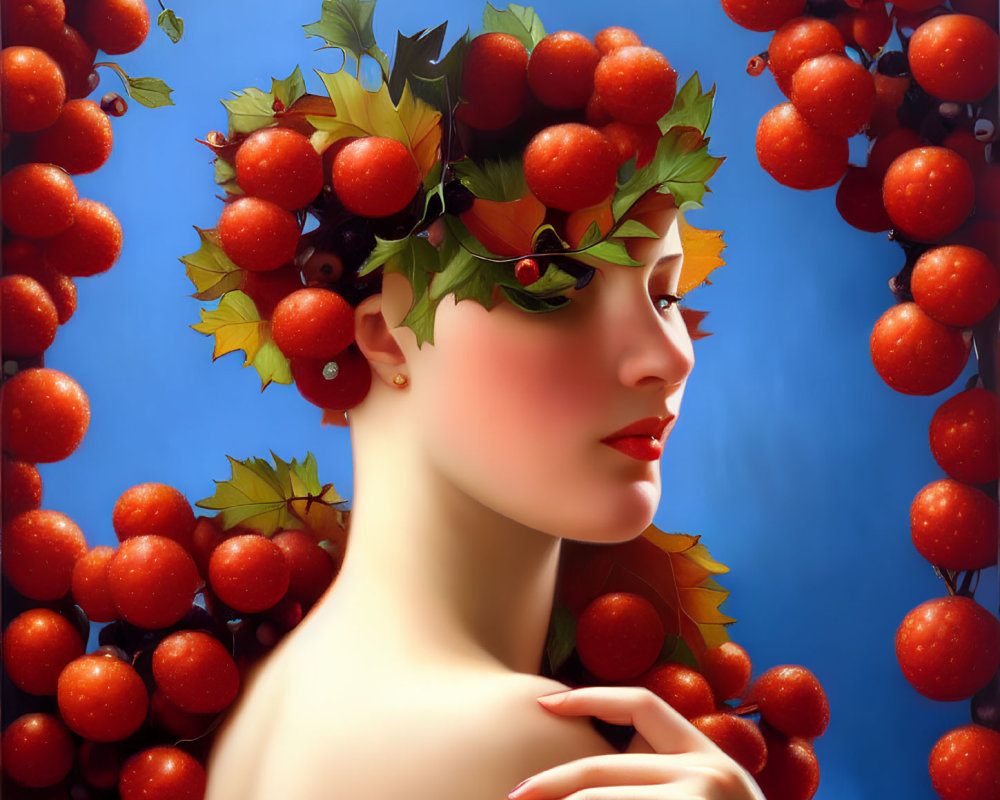 Portrait of woman with fair skin, red lipstick, green leaf wreath, and cherries on sky