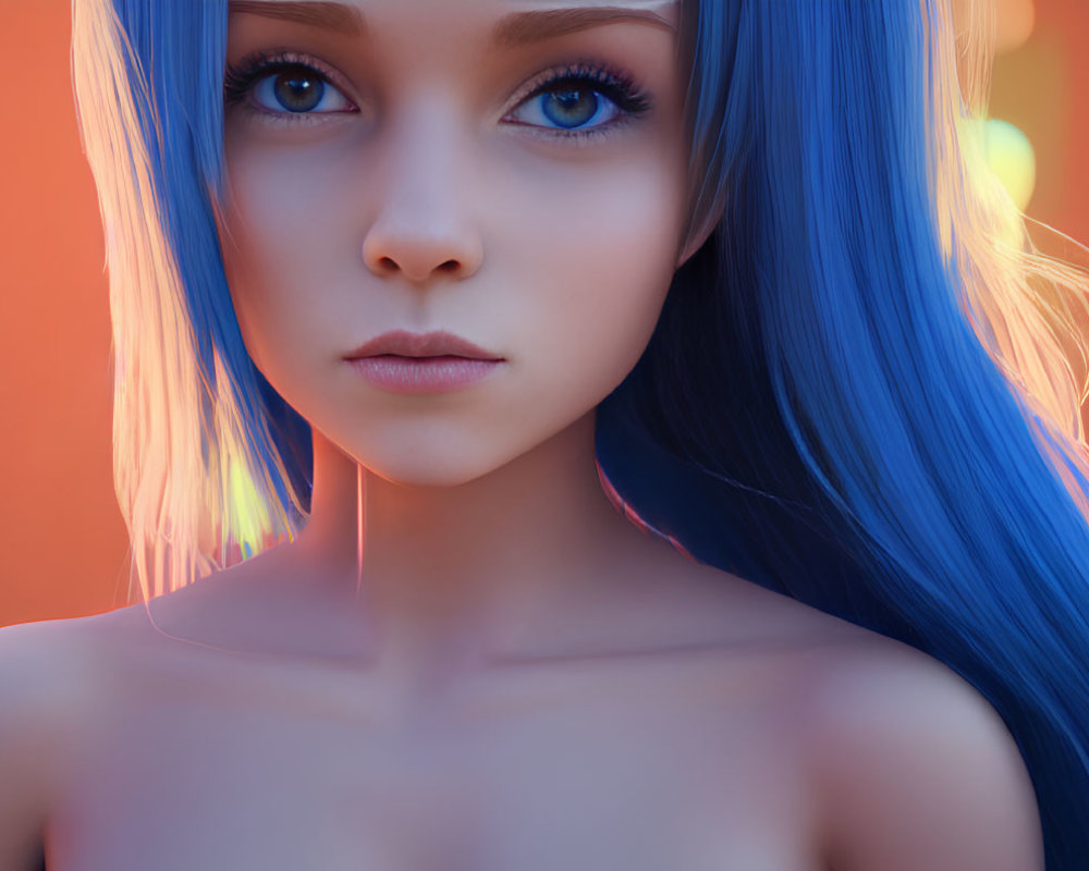 Female character with blue hair and eyes on orange background