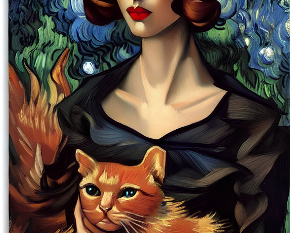 Stylized portrait of woman with wavy hair holding orange cat against Van Gogh-style background