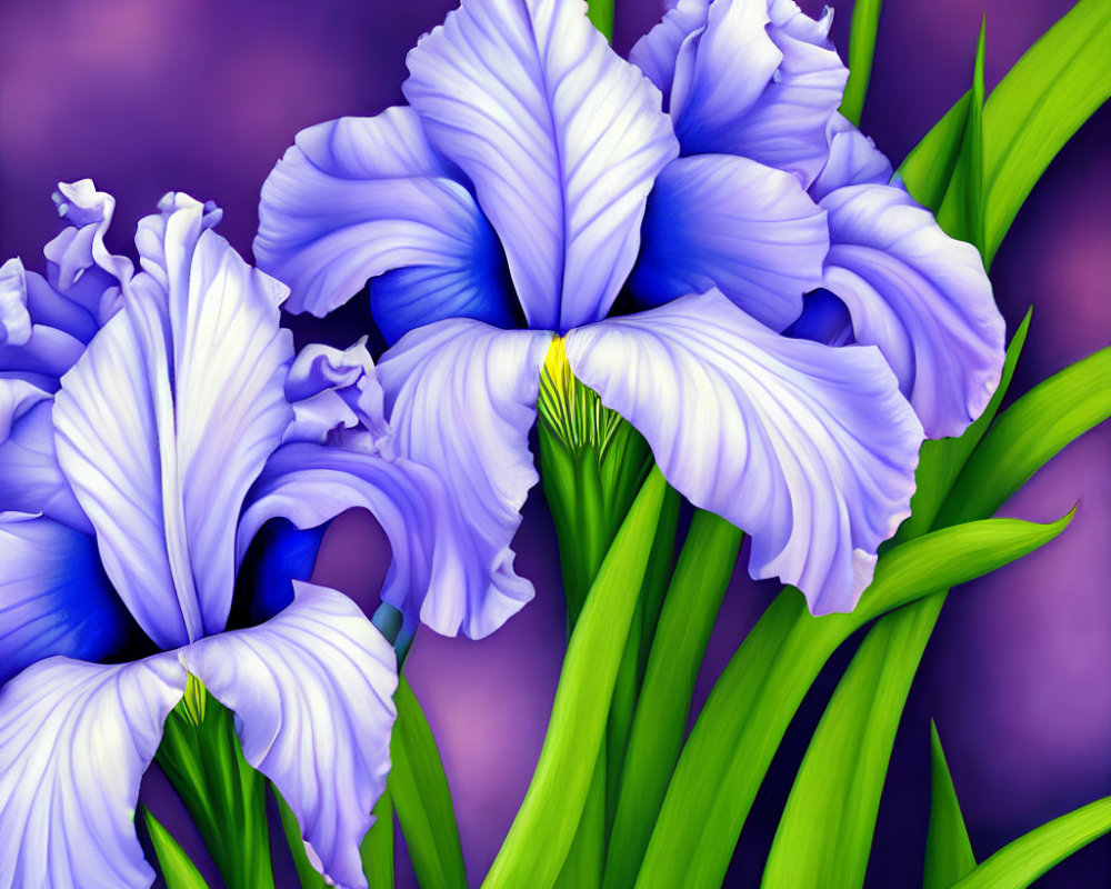 Vibrant blue irises with ruffled petals on purple background and green leaves