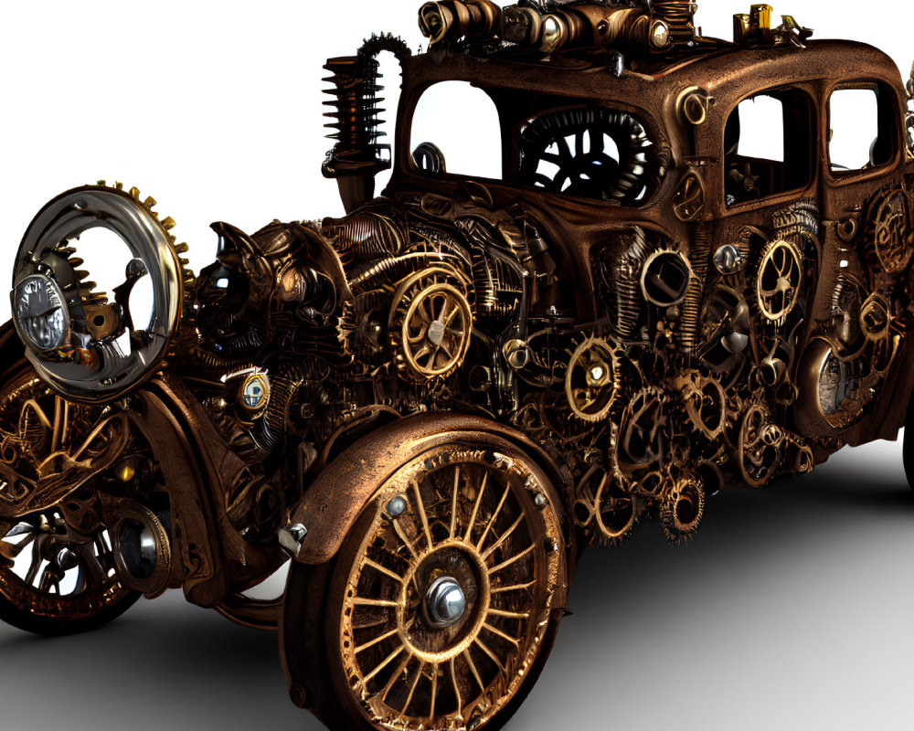 Steampunk-style vehicle with intricate gears and cogs in bronze tones