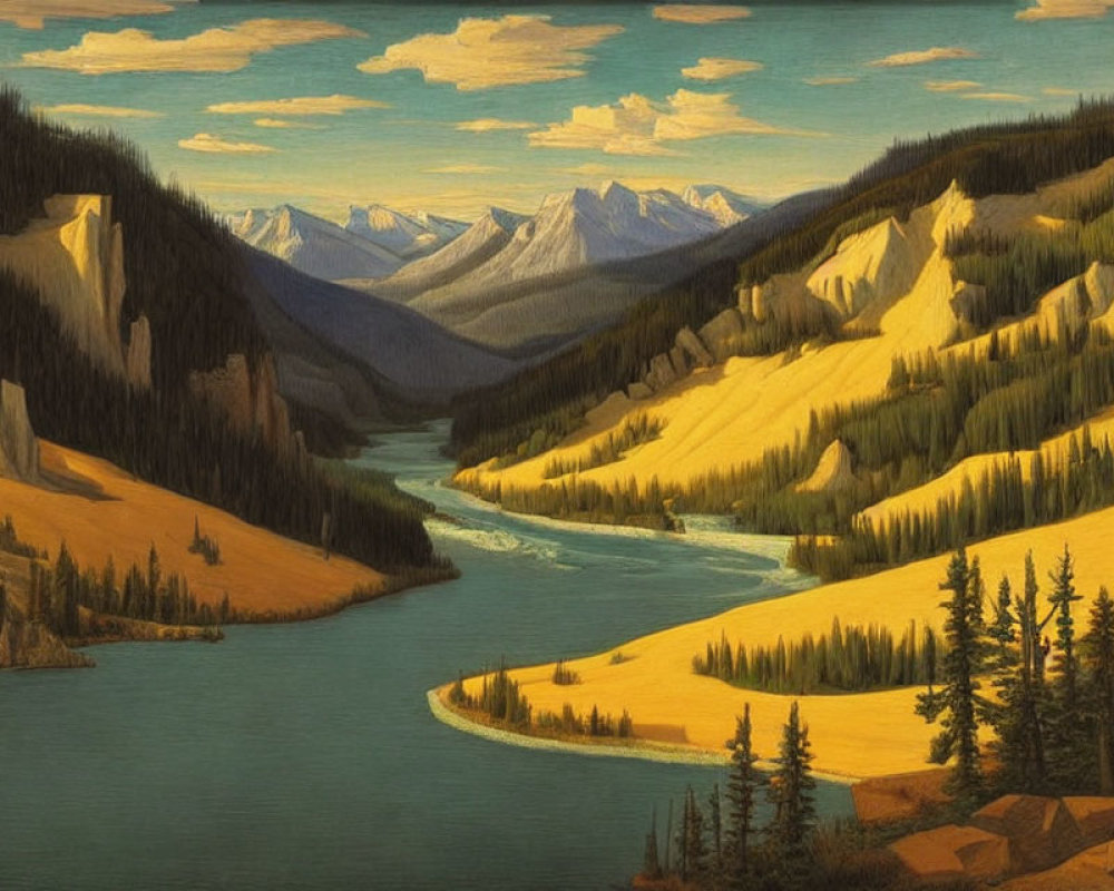 Tranquil landscape: river, pine forests, golden cliffs