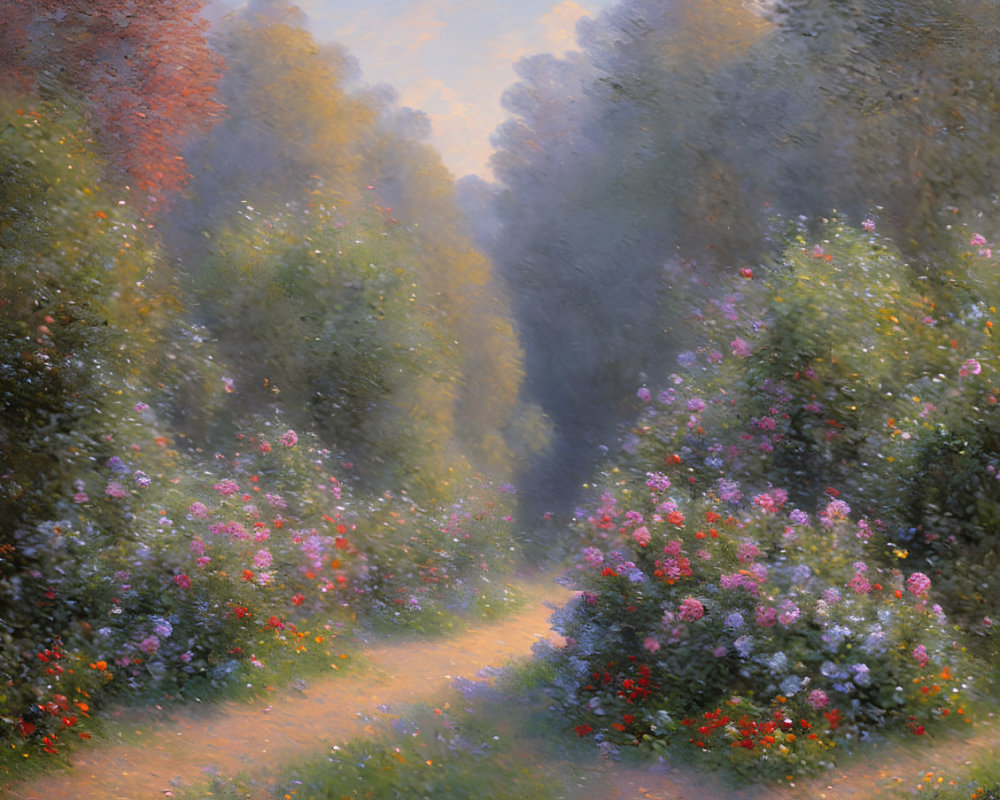 Impressionistic painting: Flower-lined path in misty, wooded area