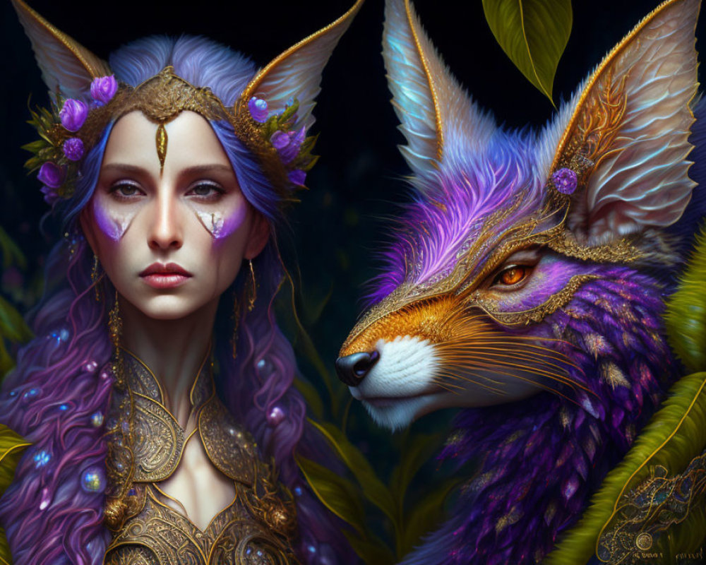 Fantasy Artwork of Woman with Elfin Features and Majestic Fox-like Creature