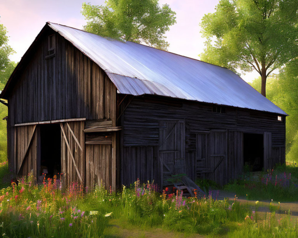 Rustic wooden barn with metal roof in serene natural setting