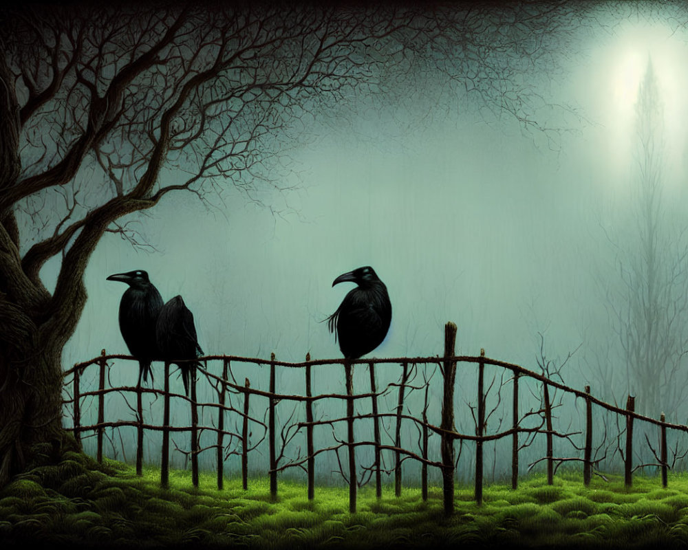 Ravens on wooden fence in misty moonlit forest with eerie tree