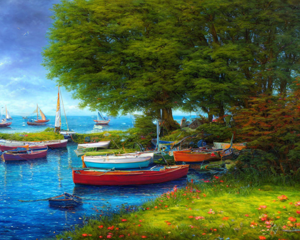 Vibrant boats by flower-lined shore, tree, sailboats on serene sea under cloudy sky