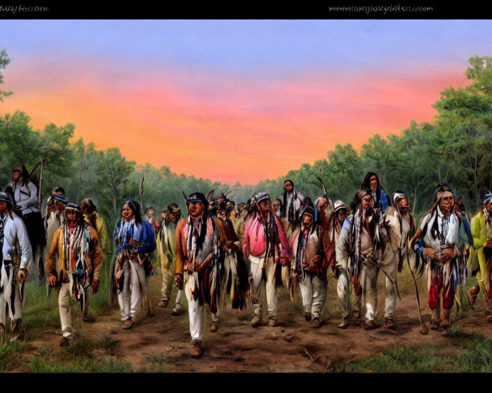 Indigenous people walking in line under a sunset sky