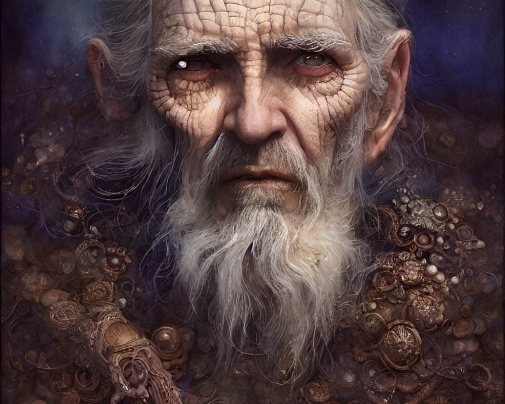 Elderly wizard with piercing eyes and mystical attire