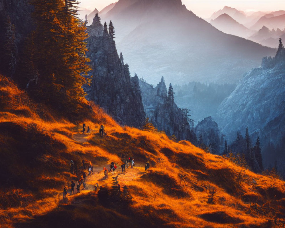 Hikers trekking on autumn hill with misty mountain backdrop