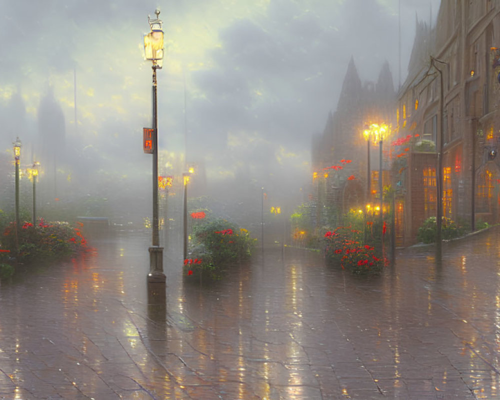 Cobblestone street with warm light and red flowers at misty evening