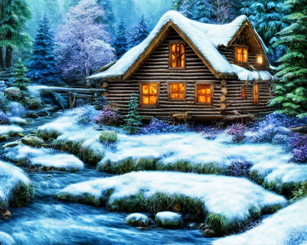 Snowy forest log cabin by stream under twilight sky