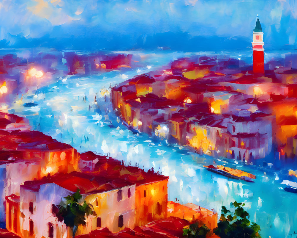 Vibrant oil painting: coastal city at dusk, warm-toned buildings, red clock tower,