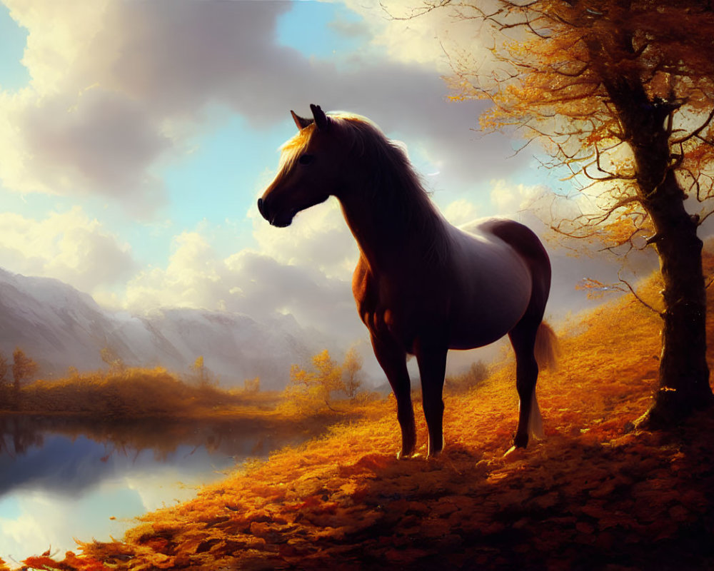 Majestic horse by tranquil lake with autumn trees and mountains