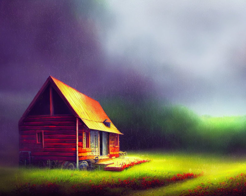 Red cabin with tin roof in misty meadow under dramatic sky