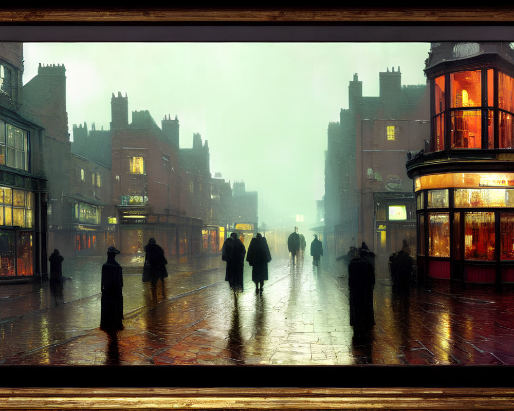 Framed image of people walking on rainy cobblestone street