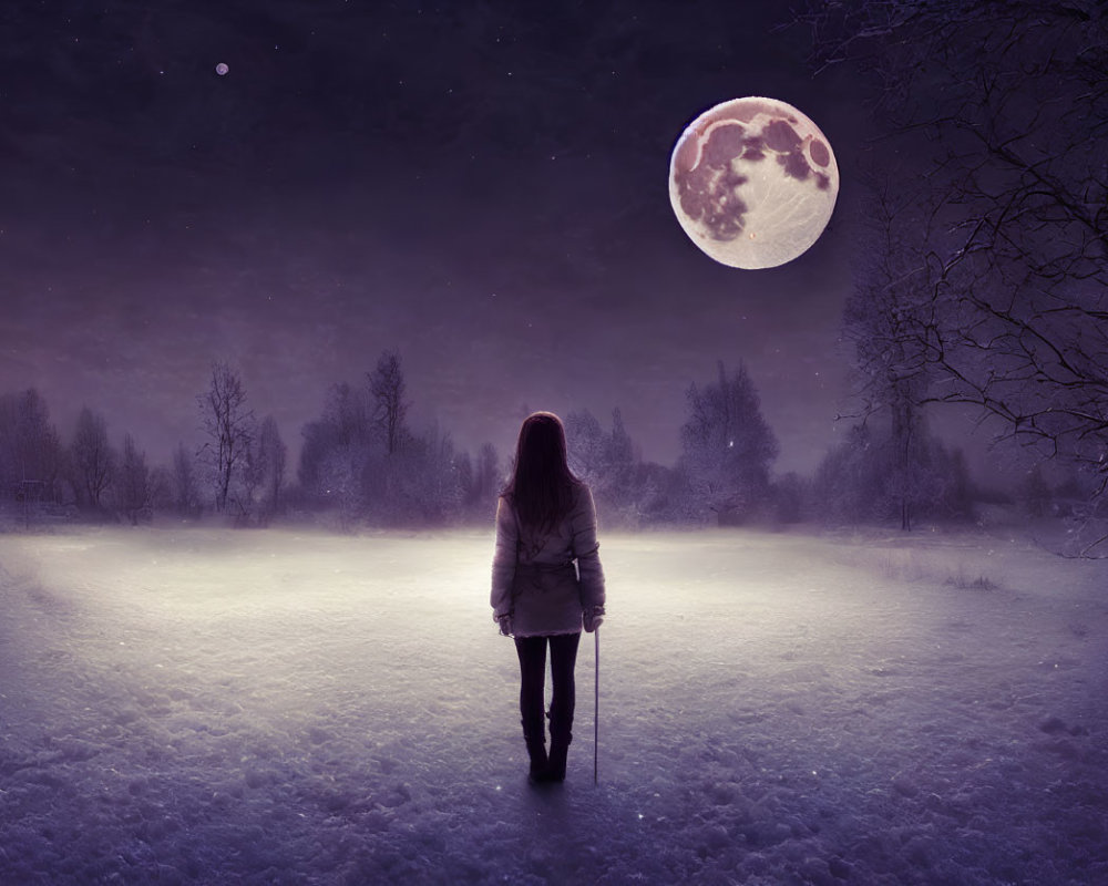 Person standing in snowy landscape under luminous full moon and stars.