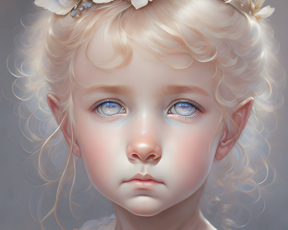 Young girl digital art portrait with blue eyes, blond hair, flowers, and elf-like ears