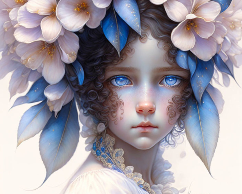 Fantasy illustration of young angel with blue eyes in floral and feather frame