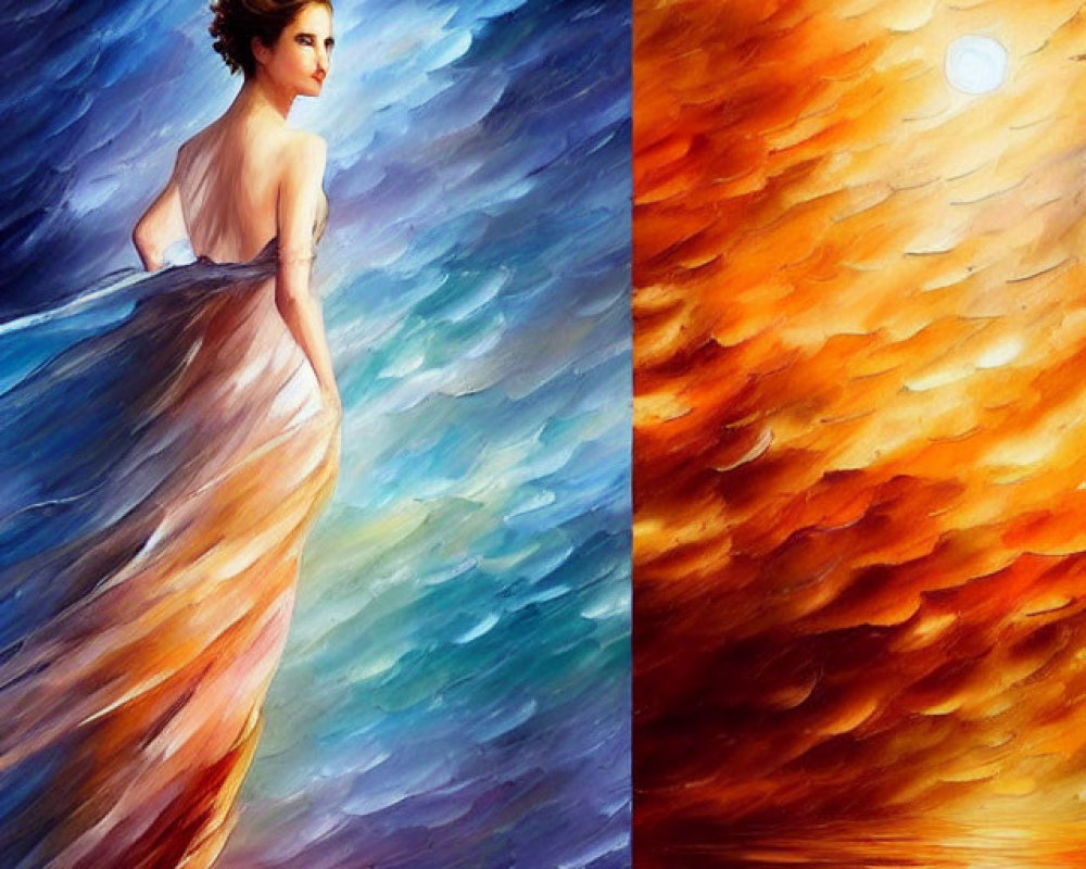 Woman in elegant gown against vibrant blue and fiery orange abstract background.